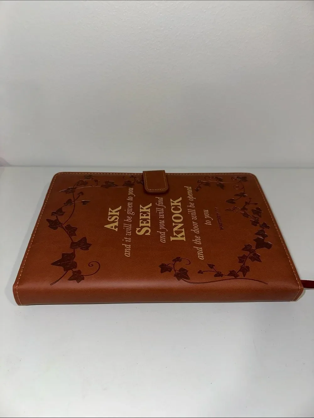 Chestnut Brown Gold Tone Bible Verse Faux Leather Bound Padded Cover Journal
